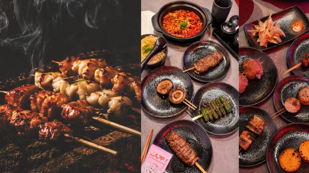 Charcoal grilled chicken skewers and garlic fried rice at Satori Yakitori Bar, an essential Japanese Telok Ayer food.