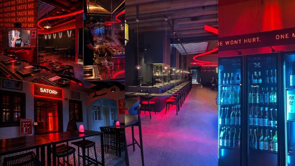 High-energy dining space with bold red interiors and smoke-free ventilation at Satori Yakitori Bar, serving great Telok Ayer food.
