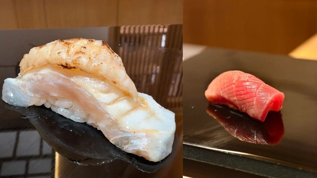 Masterfully prepared aged fish nigiri by Chef Sam at Sushi Kawasemi, representing high-end Telok Ayer food.  