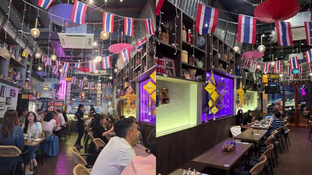 Vibrant neon-lit Bangkok street bar energy during dinner at Thachang, an exciting destination for Telok Ayer food.