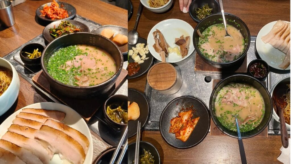 Traditional Busan-style pork soup with refillable banchan at Um Yong Baek, a hearty Telok Ayer food option.