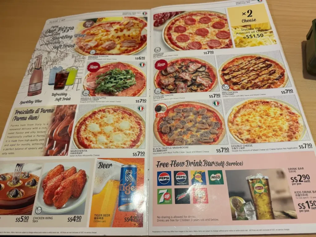 Saizeriya menu with prices in Singapore showing the latest 2026 dine-in price list for Italian dishes.